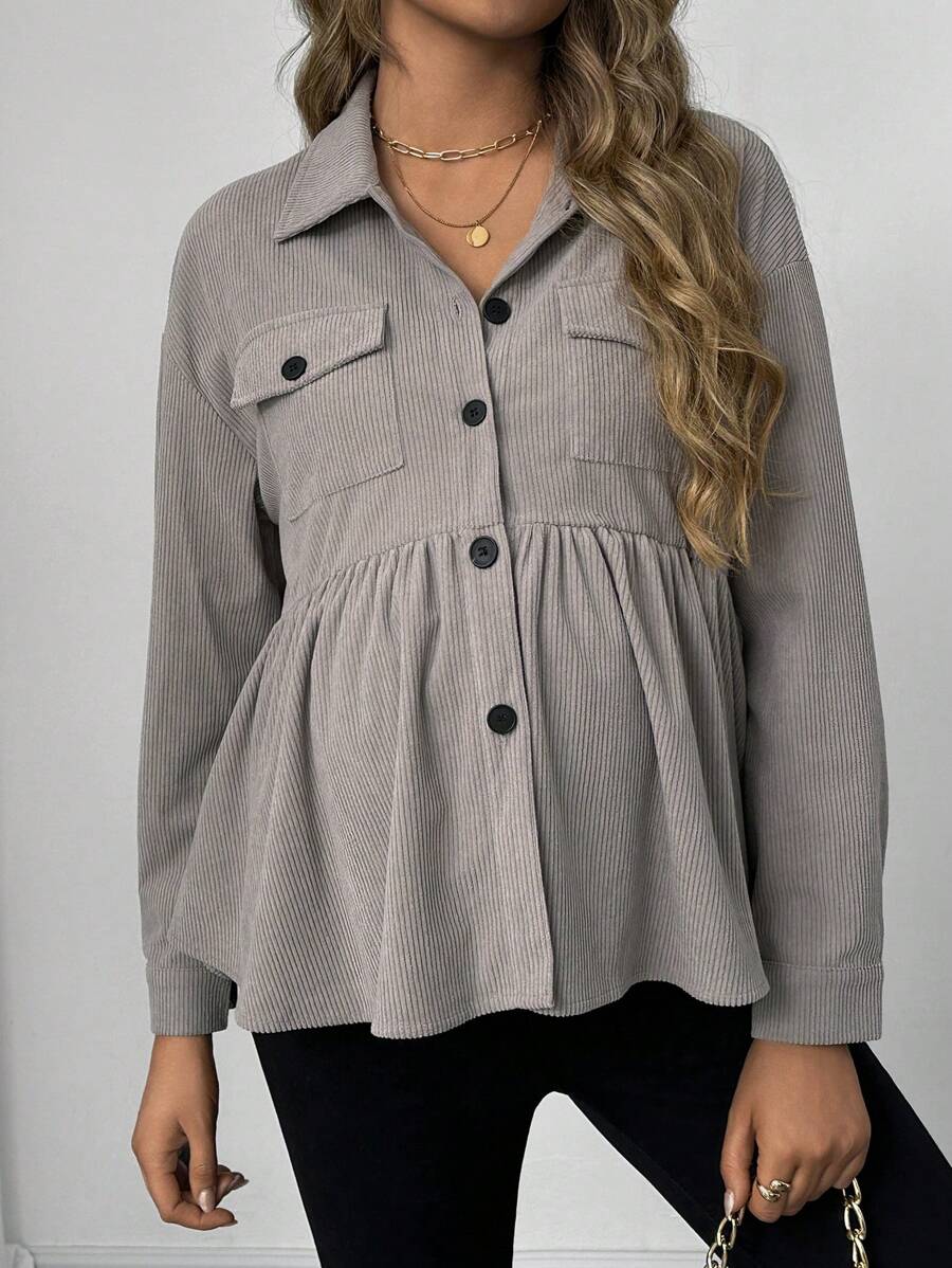 SHEIN Pregnant Women Front Button Closure Long Sleeve Pocket Pleated Casual Jacket, For Maternity, For Winter - Grey - View 1