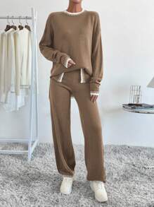 SHEIN ChicEase 2pcs Women's Solid Color Patchwork Crew Neck Long Sleeve Sweater & Pants Casual Set - Multicolor - View 4