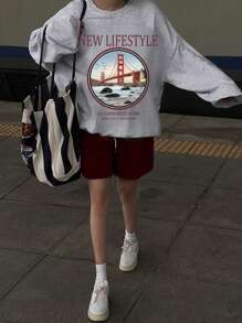 DAZY Sweatshirt Kasual Longgar Lengan Panjang Kerah Bulat Wanita dengan Cetakan Huruf, Pakaian Musim Gugur - Grey - View 4