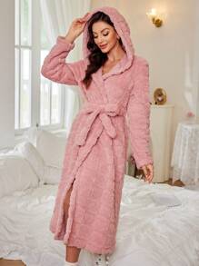 Bata de felpa con estampado de corazón, con cinturón, adorable, para otoño e invierno, esponjosa