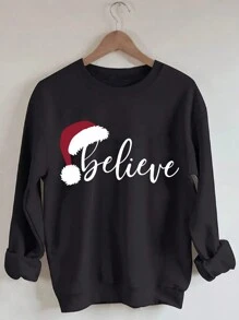Sudadera holgada de mujer con estampado de letras casual para otoño/invierno, pullover de otoño - Negro - Ver 1