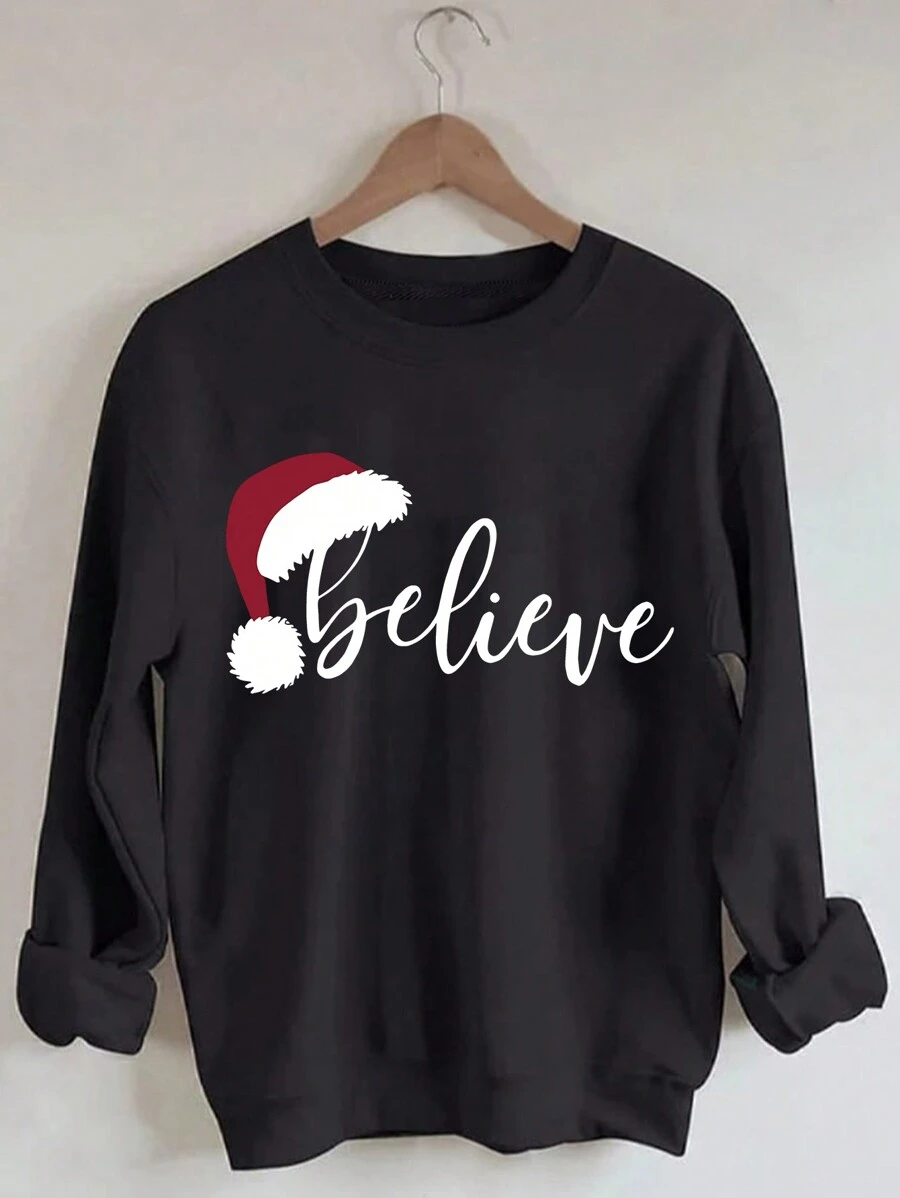 Sudadera holgada de mujer con estampado de letras casual para otoño/invierno, pullover de otoño - Negro - Ver 1