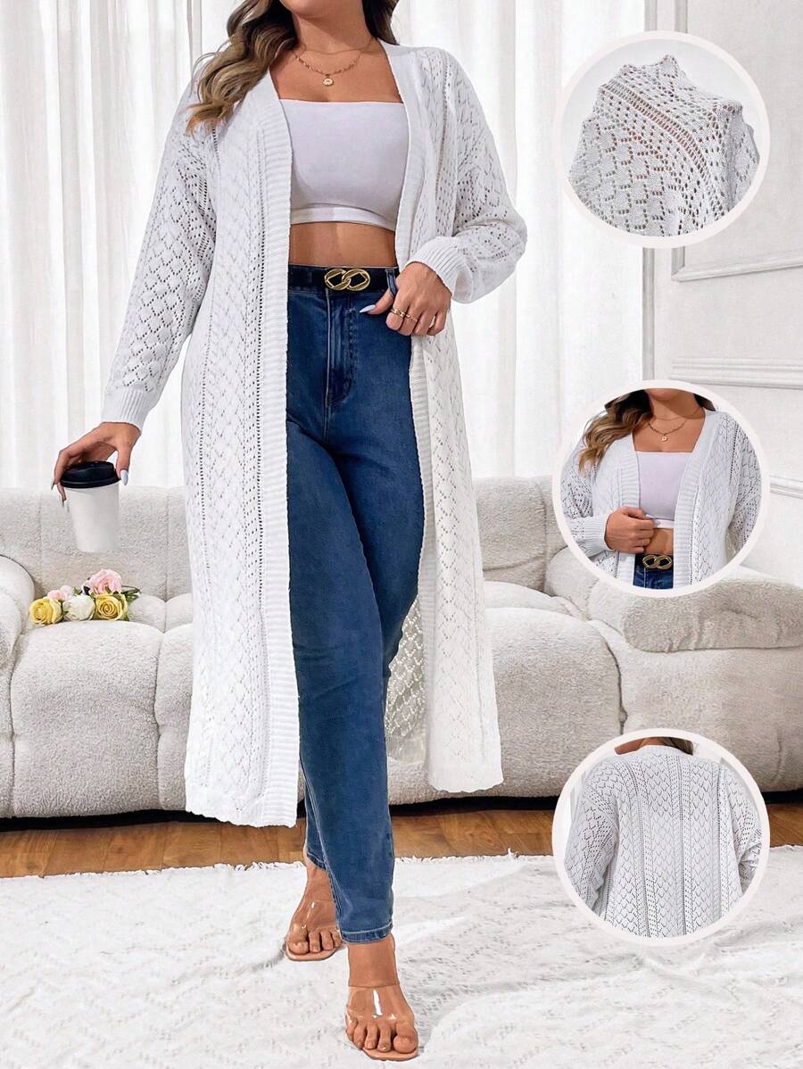 Calvaya Plus Size Women's Solid Color Simple Casual Long Sleeve Cardigan - White - View 1