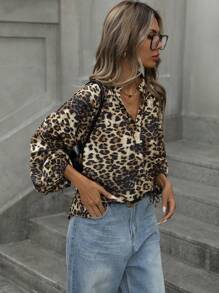 Aveloria Vintage Chic Random Leopard Floral V-hals Lantaarnmouw Strikmanchet Lange Mouw Blouse
