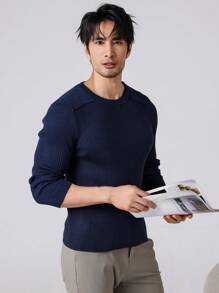 Manfinity Homme Pulover casual pentru bărbați, cu mânecă lungă, cu decolteu uni, toamnă/iarnă - Albastru - Vizualizare 8