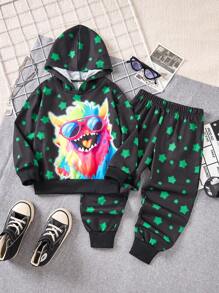 SHEIN 2 peças Conjunto de Moletom com Capuz e Estampa de Monstro com Tingimento a Frio e Calça Esportiva Casual para Meninos Jovens, Adequado para Uso ao Ar Livre, Casual, Escolar, Viagens e Diversas Atividades Esportivas, Outono/Inverno - Preto - Visão 5