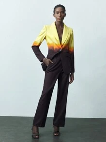 Maija Women's Ombre Yellow Brown Coffee Color Lapel Collar Long Sleeve Slim Fitted Blazer And Straight Leg Pants Casual Suit Set For Autumn Winter