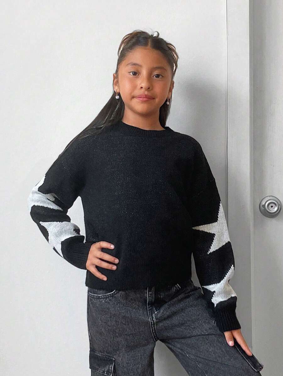 Tween Girl Casual Knitted Crew Neck Long Sleeve Sweater Top With Star Pattern - Black and White - View 1