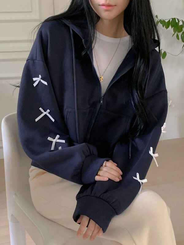 DAZY Loose Fit Thermal Lined Jacket For Women With Bow Decor And Hoodie,Fall Women Clothes