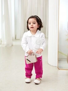 Baby Girl Casual White Floral Print Shirt & Fuchsia Trousers 2 Pcs Set, Autumn/Winter - Hot Pink - View 5
