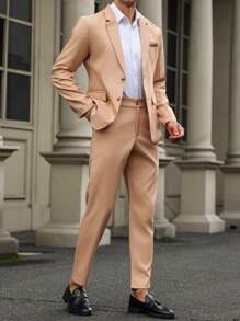 Manfinity Mode Men's Solid Button Front Long Sleeve Jacket And Pocket Design Trousers Suit - Khaki - View 8