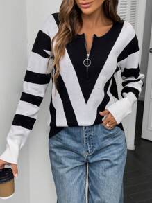 Chiquease Women's Hlaf Zip Crew Neck Striped Colorblock Sweater, Knit Pullover Fall Winter - Black and White - View 6