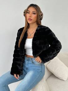 SHEIN PETITE 秋冬纯色前开式毛绒大衣