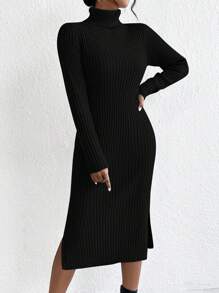 EURMUSE Turtleneck Split Hem Sweater Dress Without Belt - Black - View 6