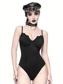ROMWE Halloween Gothic Bat Collar Design One-Piece Swimsuit - Black - View 1