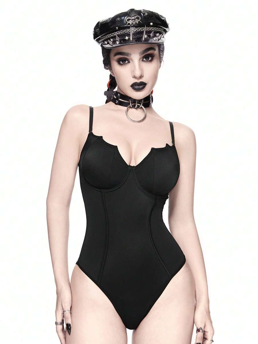 ROMWE Halloween Gothic Bat Collar Design One-Piece Swimsuit - Black - View 1