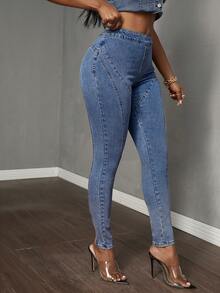 Slaydiva Jeans casuales de talle alto y cintura elástica para mujer - Azul lavado medio - Ver 6