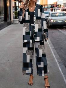 SHEIN Clasi 2pcs Abstract Geometric Print Long Sleeve Top And Wide Leg Pants Set For Women, Suitable For Autumn And Winter - Multicolor - View 5