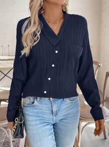 SHEIN LUNE Asymmetric Collar Long Sleeve Solid Color Casual Shirt, Spring & Autumn