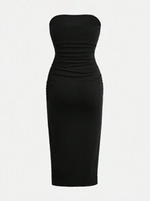 SHEIN Girlism Teen Girls Solid Color Knit Ruched Hem Slit Casual Tube Dress - Black - View 2