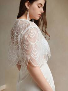 Anewsta 大码复古法式优雅亮片披肩，薄款短上衣 - 白色 - 查看 3