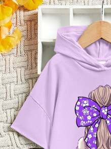 SHEIN Leap Crew 2 件套年轻女孩休闲简约圆领连帽衫和裤子套装，夏季 - 淡紫色 - 查看 4