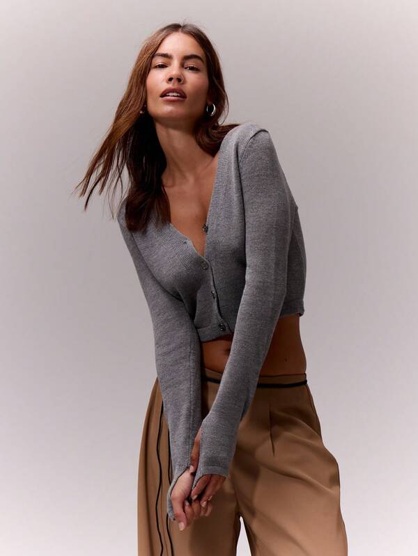 MUSERA V Neck Button Up Cropped Cardigan