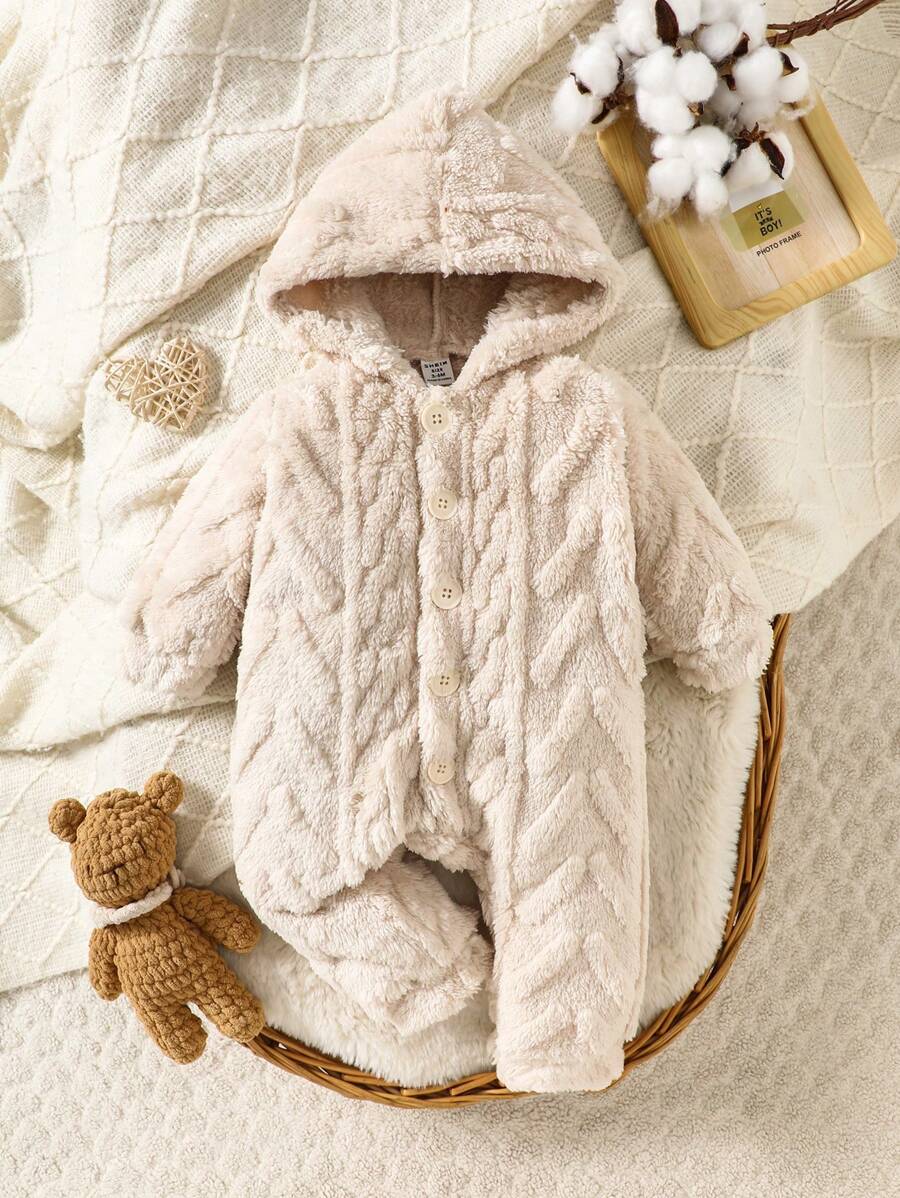 SHEIN Bộ đồ liền thân bằng vải nỉ có mũ trùm đầu, tay dài cài nút phía trước cho bé trai - Màu be - Xem 1
