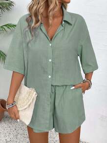 EMERY ROSE 2pcs Women Casual Plain Shirt Collar Button Up Blouse & Shorts Set - Mint Green - View 5