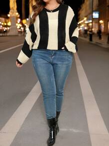 SHEIN CURVE+ Pull ample décontracté avec encolure ronde et épaules tombantes en blocs de couleurs pour femmes grande taille, automne/hiver - Multicolore - Voir 3