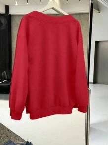SHEIN EZwear 女士休闲超大V领宽松运动衫，红色，适合秋冬季 - 紅色 - 查看 4