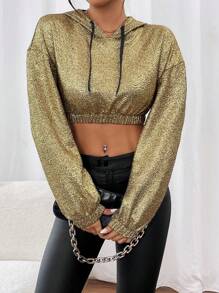SHEIN LUNE Women's Metallic Effect Short Hooded Sweatshirt Pullover Fall Sweatshirt - Gold - View 6