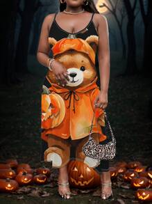 Slaydiva Gaun Musim Panas Kasual Longgar Motif dan Beruang Halloween dengan Saku untuk Wanita, Cocok untuk Musim Panas - MultiWarna - View 1