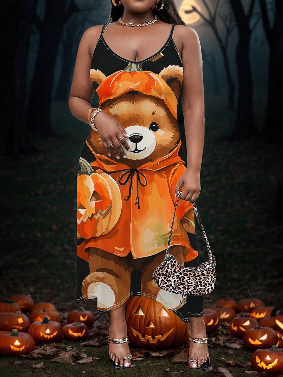Slaydiva Gaun Musim Panas Kasual Longgar Motif dan Beruang Halloween dengan Saku untuk Wanita, Cocok untuk Musim Panas - MultiWarna - View 1