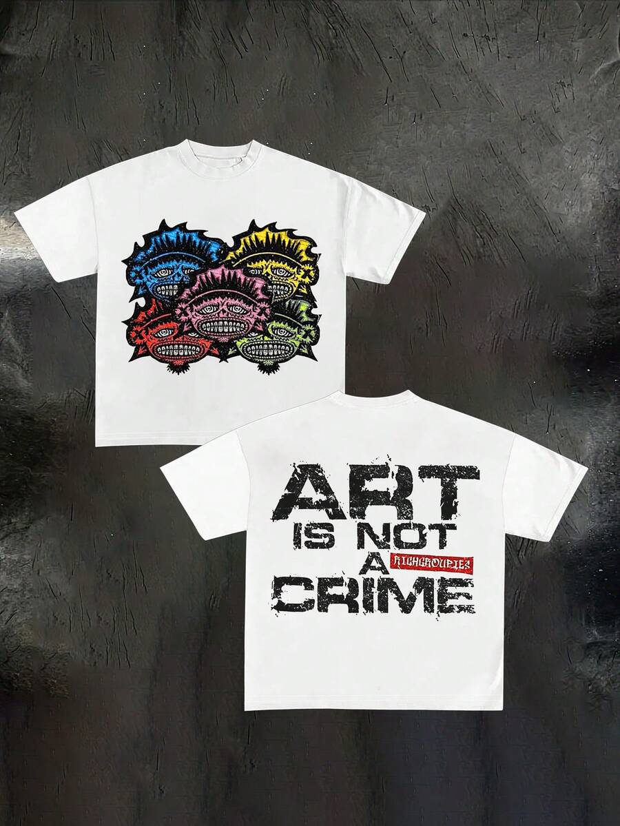 女士街头风休闲宽松印花圆领短袖T恤 夏季 - 彩色 - 查看 1