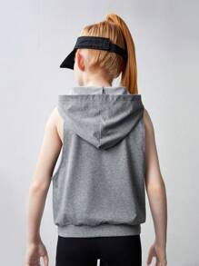 SHEIN Tween Girl Knitted Plain Crop Top Tank Top, With Letter Print Sleeveless Hooded Tank Top, 2pcs/Set - Grey - View 2