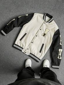Manfinity Homme Men's Solid Color Block Long Sleeve Button Front Casual Jacket - Beige - View 3