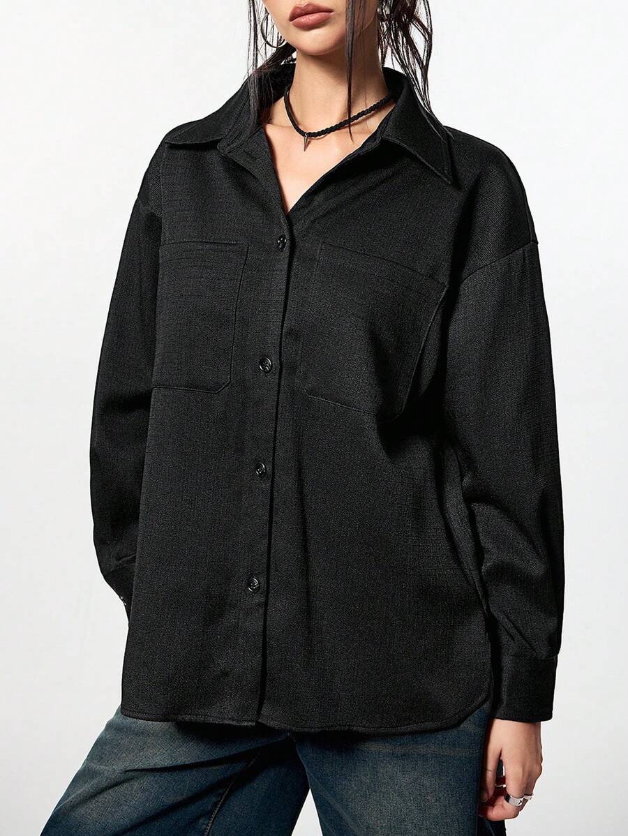 SHEIN EZwear أزياء فاخرة للحفلات بلوزات برقائق منسوجة - الأسود - مشاهدة 1