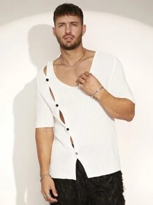 FeverCity Men's Solid Color V-Neck Short Sleeve Knitted Sweater - White - View 2