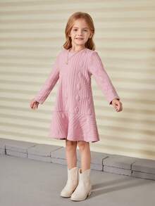 SHEIN 年轻女孩加垫纹理提花针织连衣裙，适合秋冬季节休闲日常穿着 - 粉色 - 查看 6