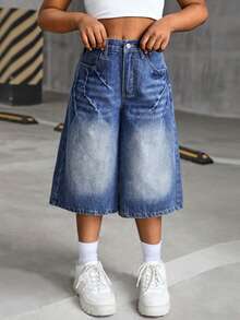 SHEIN Thời trang Y2K dành cho bé gái tuổi teen, phong cách vintage retro những năm 2000, quần jeans ống rộng dáng suông, chất liệu denim bạc màu, thích hợp cho mùa thu đông đi học. - Rửa trung bình - Xem 6