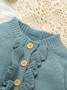 1pc Infant Girls' Casual Apricot Ruffled Sweater Romper - Olive Green - View 5