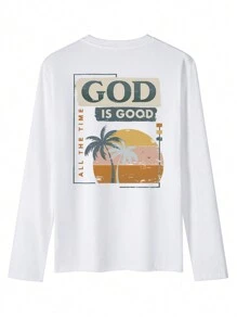 Women 2025 Spring/Autumn New Casual Palm Tree & Slogan Print Loose Dropped Shoulder Long Sleeve T-Shirt, A Fashion Essential For Every Season