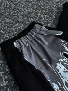 Manfinity Dauomo Plus Size Men's Casual Flame & Letter Printed Sweatpants - Black - View 3