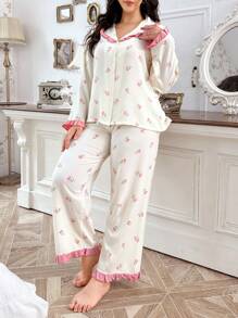 CottageSlumber Plus Size Contrast Color Ruffle Collar Floral Print Sleepwear Set - Pink - View 5