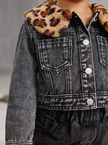 SHEIN Jacke für Kleinkind Mädchen mit Leopardenmuster, Fleischkragen und Oversized schwarzer Denim