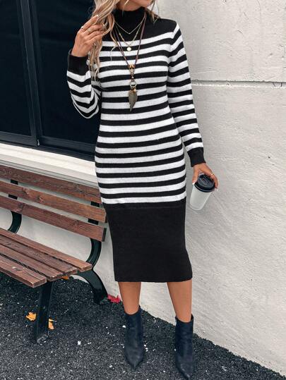 EMERY ROSE Black & White Striped Turtleneck Fitted Sweater Dress, Autumn/Winter Fall Sweater Dress