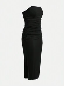 SHEIN Girlism Teen Girls Solid Color Knit Ruched Hem Slit Casual Tube Dress - Black - View 5