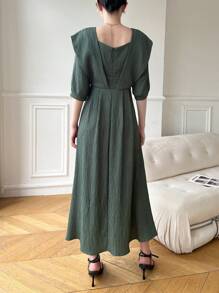Mulvari Vestido informal largo de mangas medianas y cuello redondo de color liso para mujer