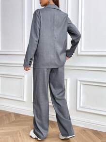 EMERY ROSE Conjunto de traje casual de oficina con blazer de manga larga y pantalones de unicolor, cuello con entalladura, para mujer, primavera y otoño - Gris Oscuro - Ver 2